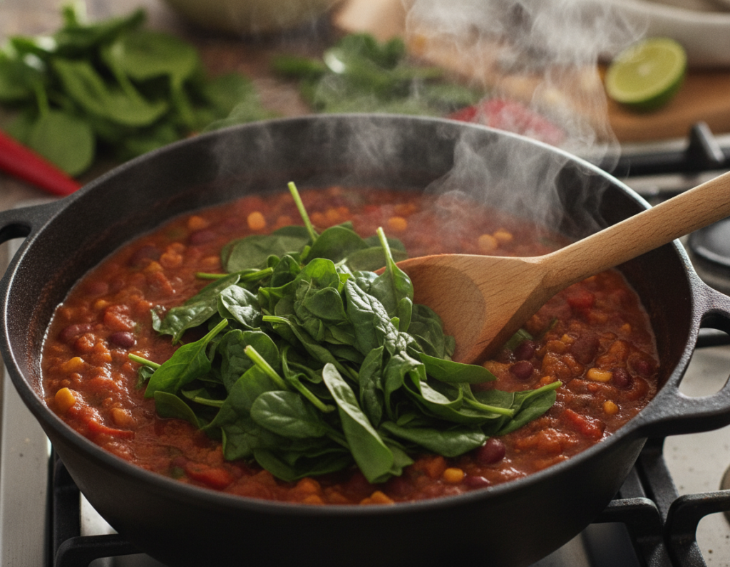 stirring fresh spinach into vegan chili pot