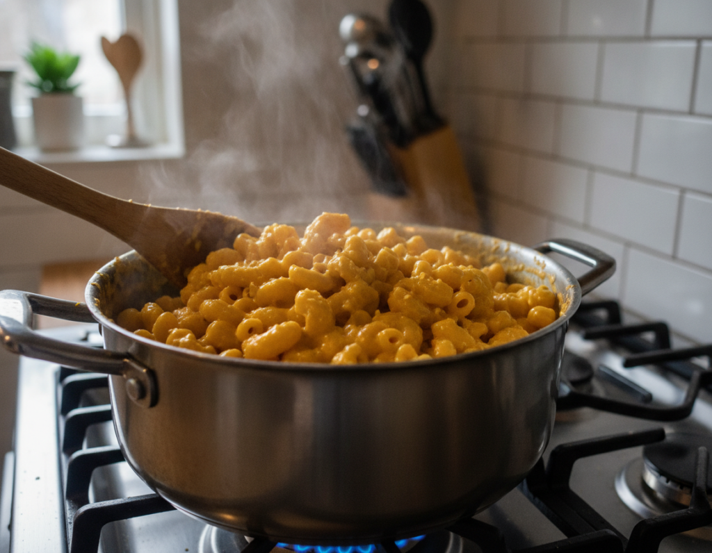 stovetop vegan mac cheese being stirred in pot
