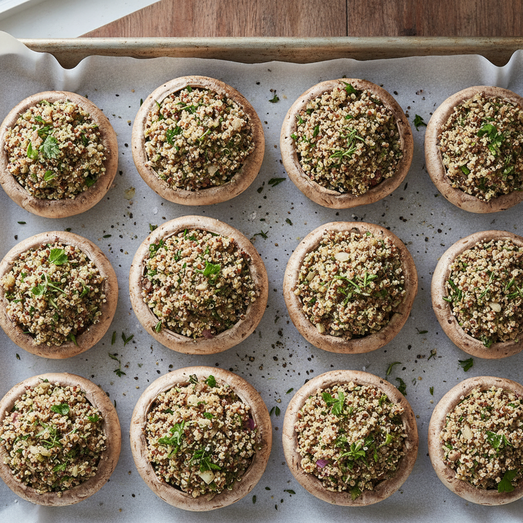 stuffed mushrooms on baking sheet before cooking stuffed mushrooms on baking sheet before cooking
