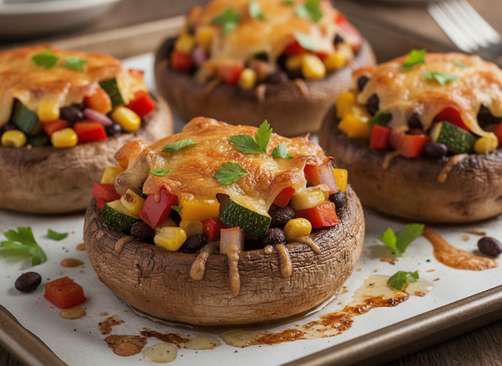 stuffed portobello mushroom caps on baking sheet stuffed portobello mushroom caps on baking sheet