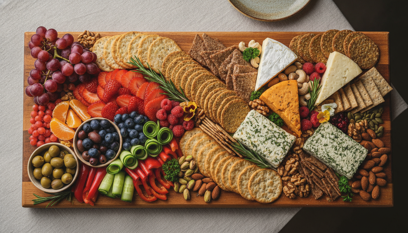 stunning vegan charcuterie board with colorful fruits and vegetables