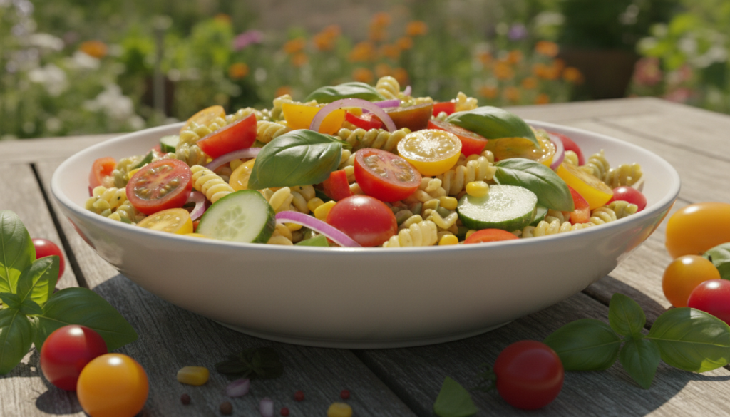 summer vegan pasta salad with fresh garden vegetables summer vegan pasta salad with fresh garden vegetables