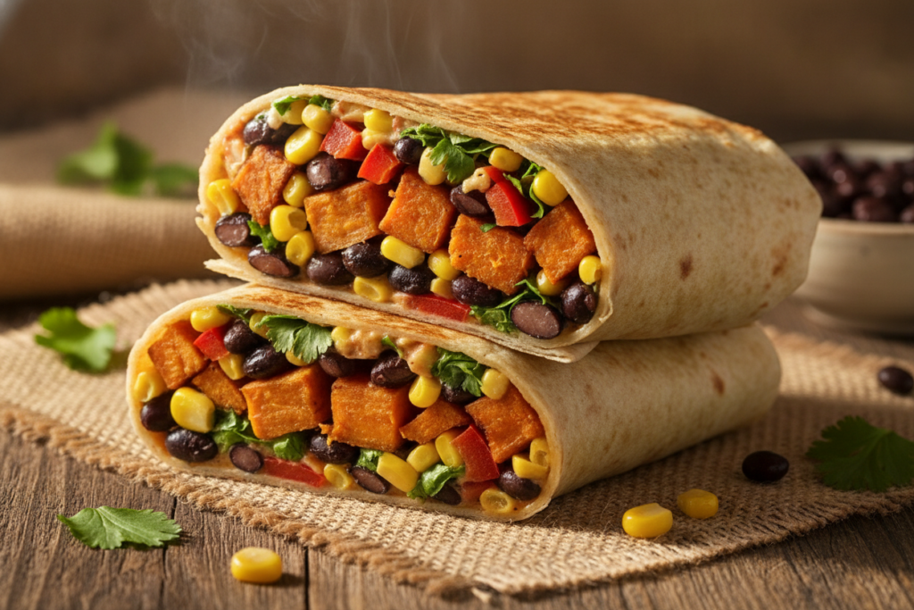 sweet potato black bean wrap with colorful vegetables