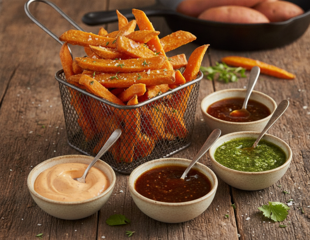 sweet potato fries with three dipping sauces sweet potato fries with three dipping sauces