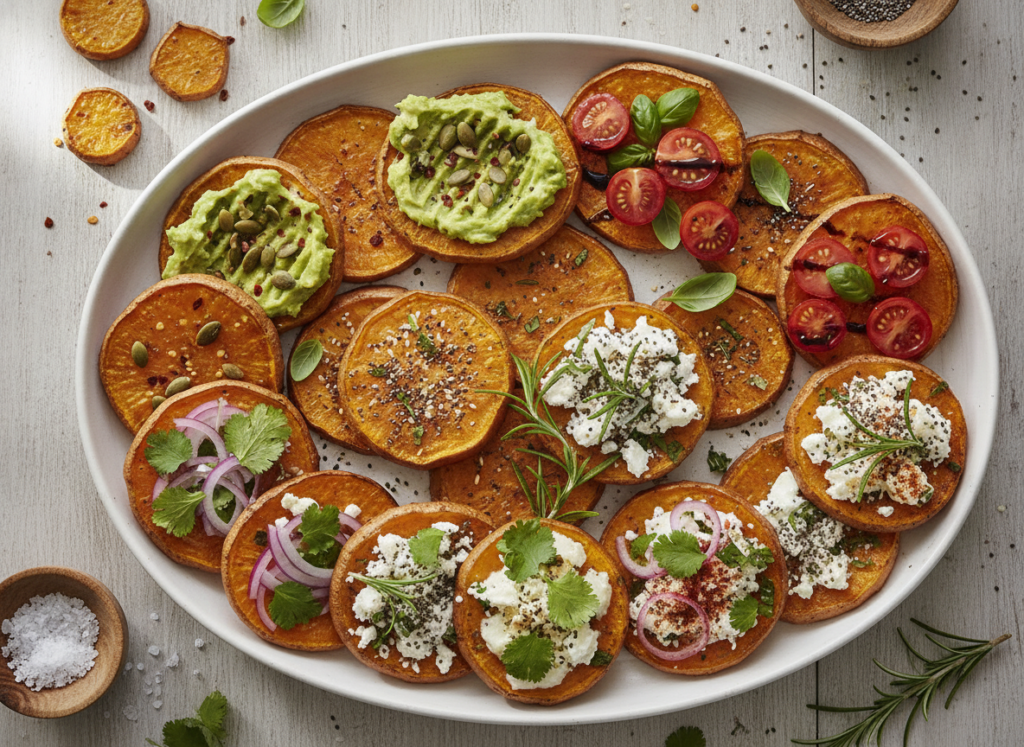 sweet potato rounds with colorful toppings arranged on platter sweet potato rounds with colorful toppings arranged on platter