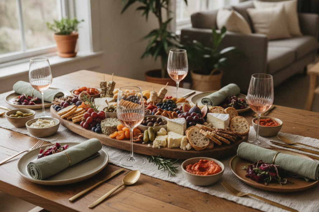 table setting with vegan charcuterie board table setting with vegan charcuterie board