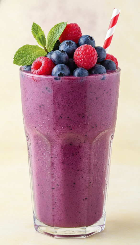 tall glass of purple berry protein smoothie with fresh berries on top