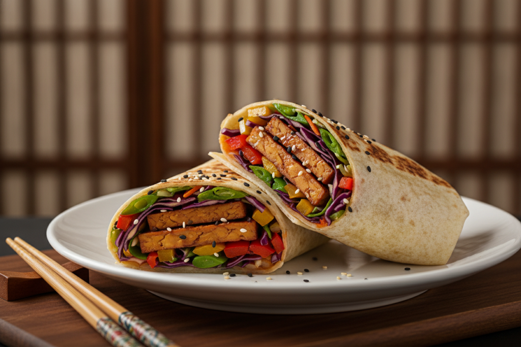 teriyaki tempeh wrap with asian vegetables