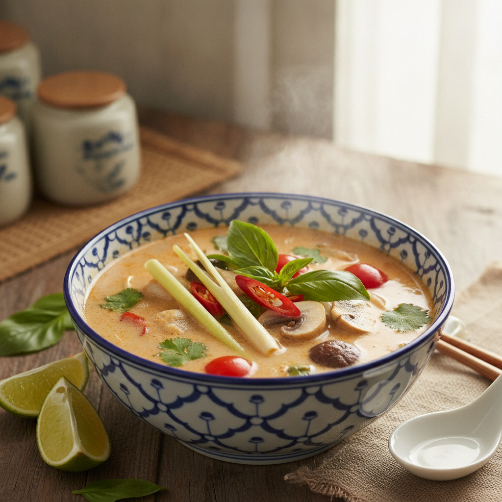 thai coconut soup with colorful vegetables and herbs