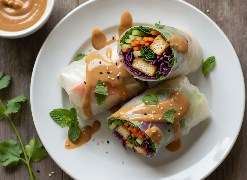thai peanut tofu wrap with colorful vegetables and peanut sauce