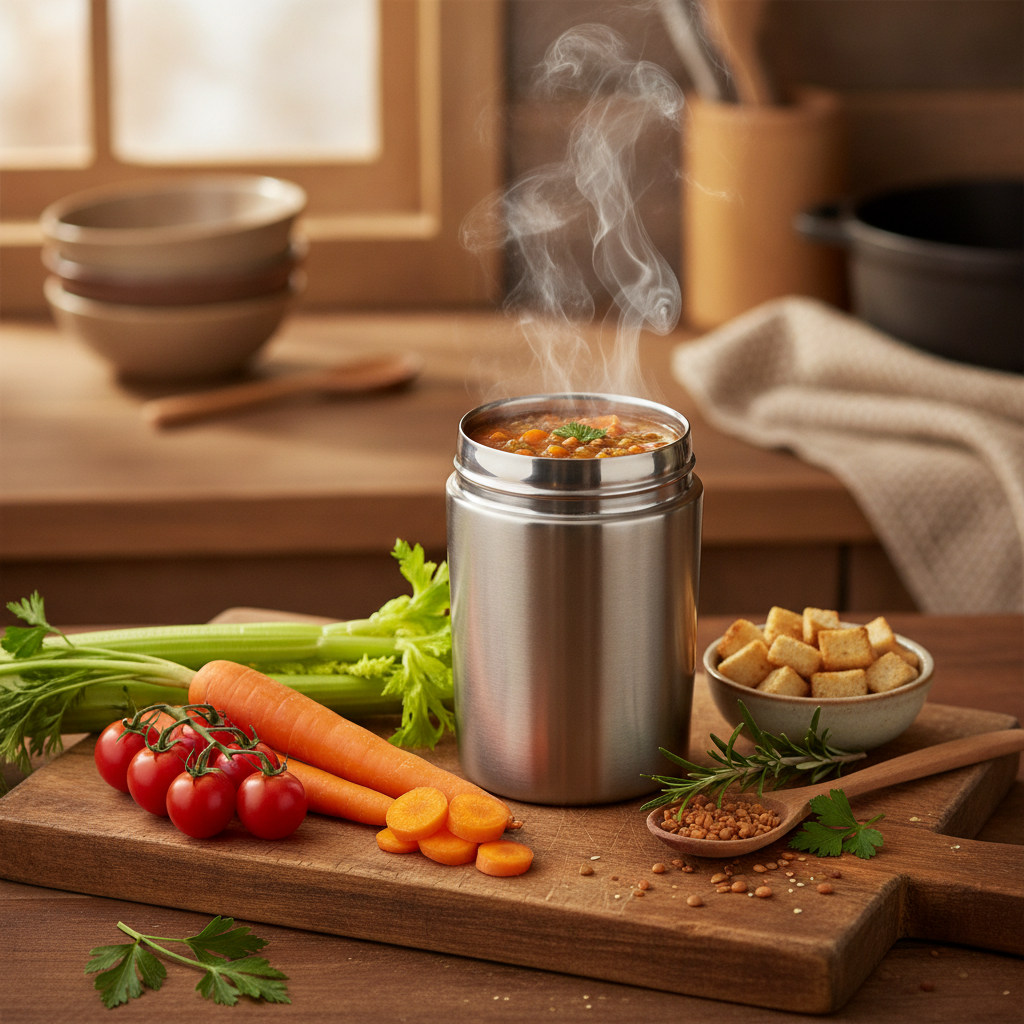 thermos container with hearty vegan lentil soup surrounded by fresh vegetables