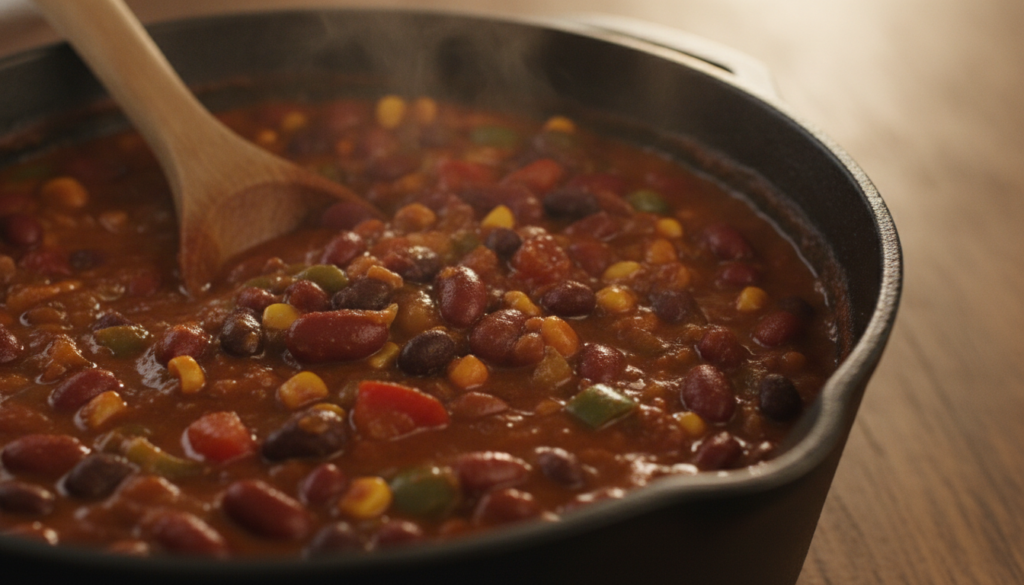 thick hearty vegan chili simmering in pot showing perfect consistency