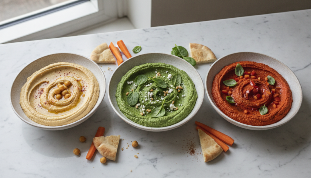 three bowls of different colored hummus varieties three bowls of different colored hummus varieties