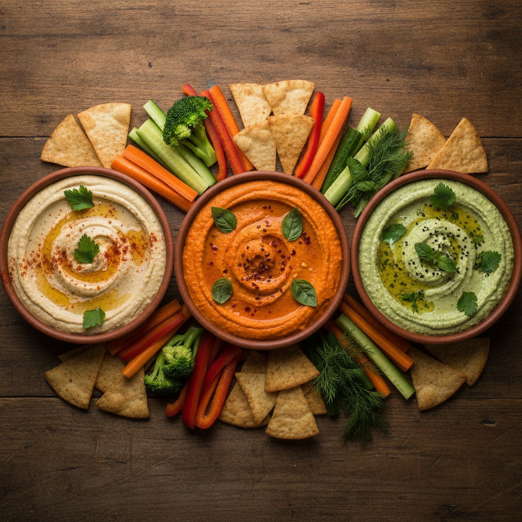 three bowls of different colored hummus with garnishes three bowls of different colored hummus with garnishes