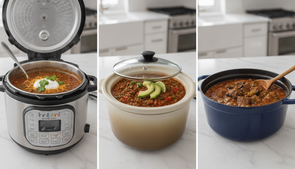 three cooking methods for keto chili side by side