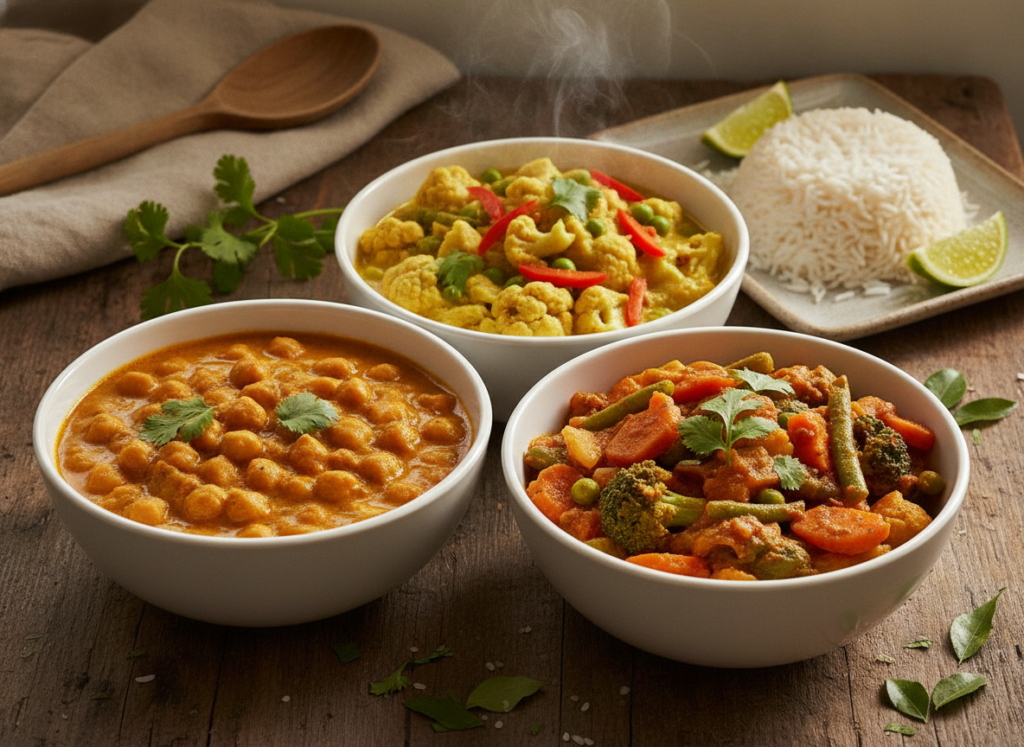 three different bowls of vegan curry varieties including chickpea, cauliflower, and vegetable curry three different bowls of vegan curry varieties including chickpea, cauliflower, and vegetable curry