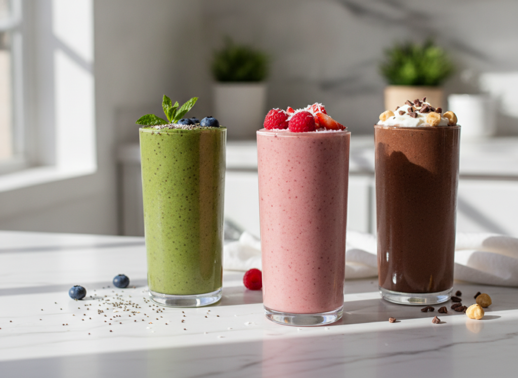 three different colored protein smoothies three different colored protein smoothies