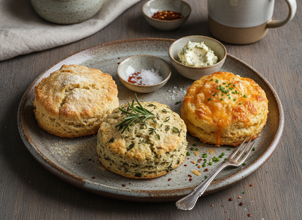 three different keto biscuit variations on a platter