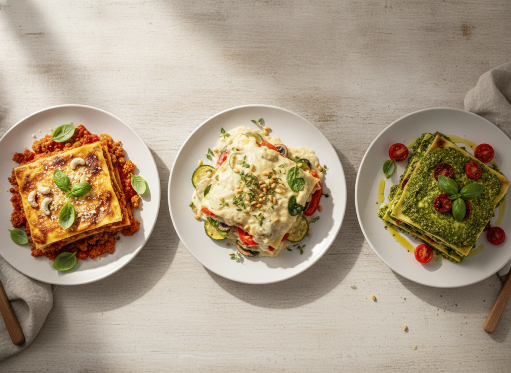 three different styles of vegan lasagna on serving plates three different styles of vegan lasagna on serving plates