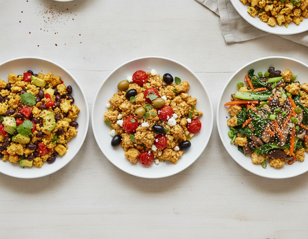three different tofu scramble variations plated side by side