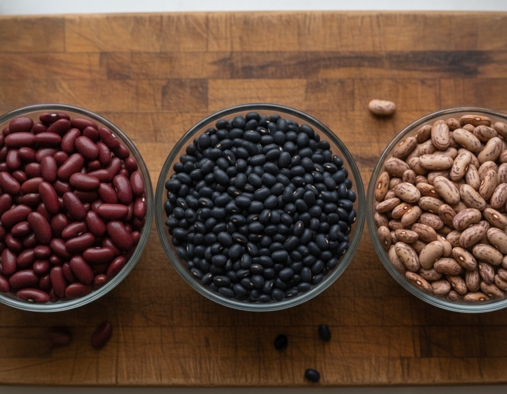 three types of beans in separate glass bowls on wooden surface