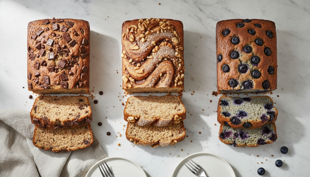 three variations of keto banana bread with different toppings
