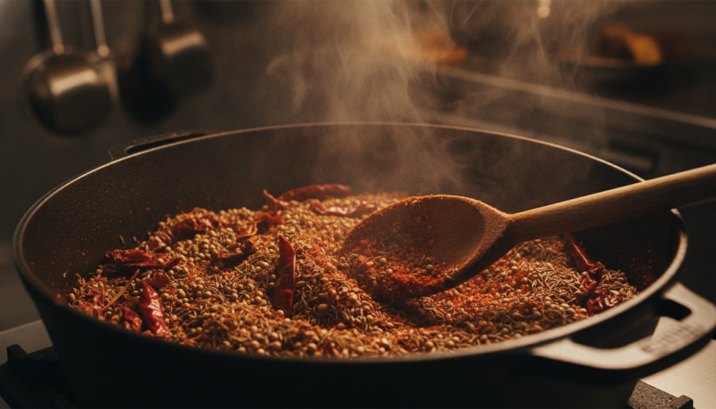 toasting spices and chili powder in pot for vegan chili recipe