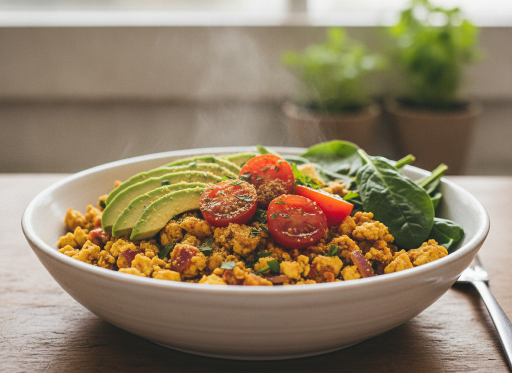 tofu scramble breakfast bowl with vegetables and avocado