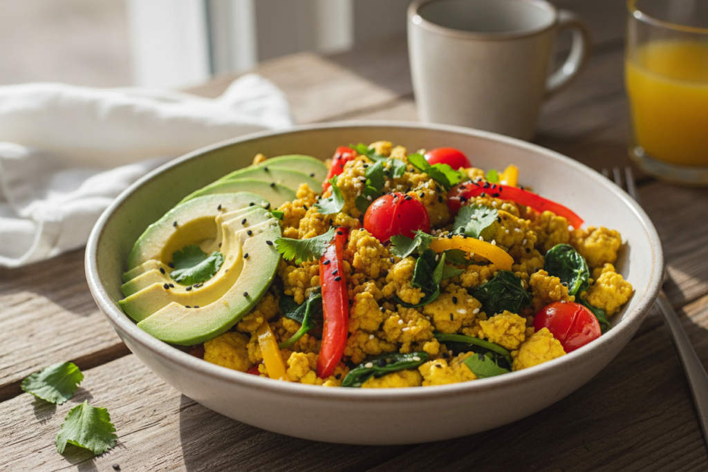 tofu scramble breakfast bowl with vegetables and avocado tofu scramble breakfast bowl with vegetables and avocado