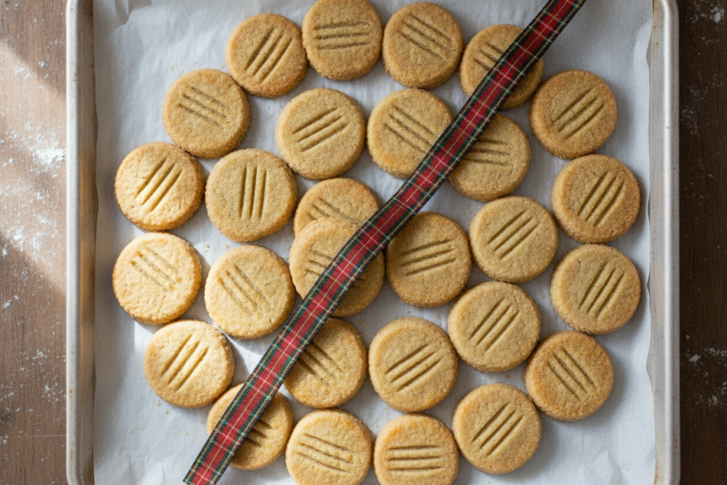 traditional vegan shortbread cookies arranged in circular pattern on baking tray
