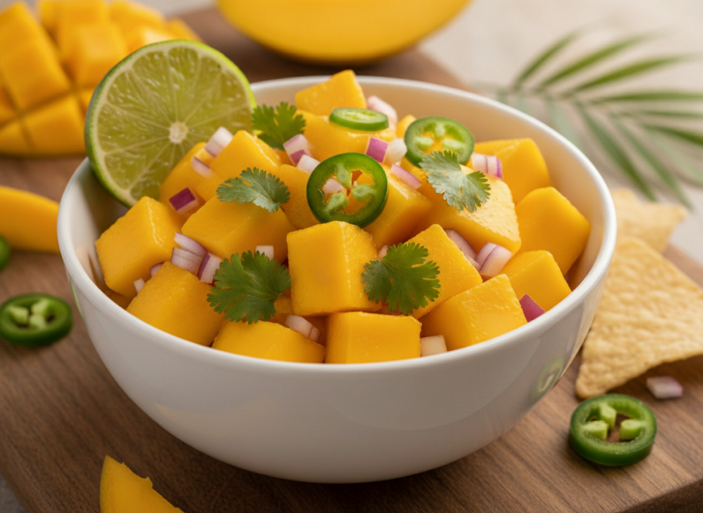 tropical mango salsa with visible fruit chunks tropical mango salsa with visible fruit chunks