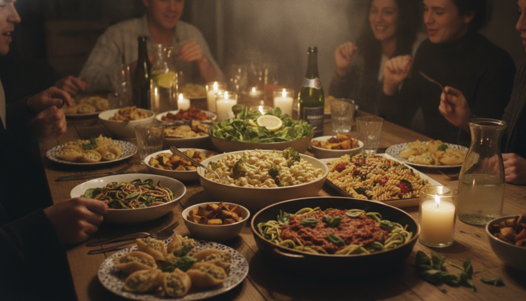 variety of finished vegan pasta dishes on dinner table