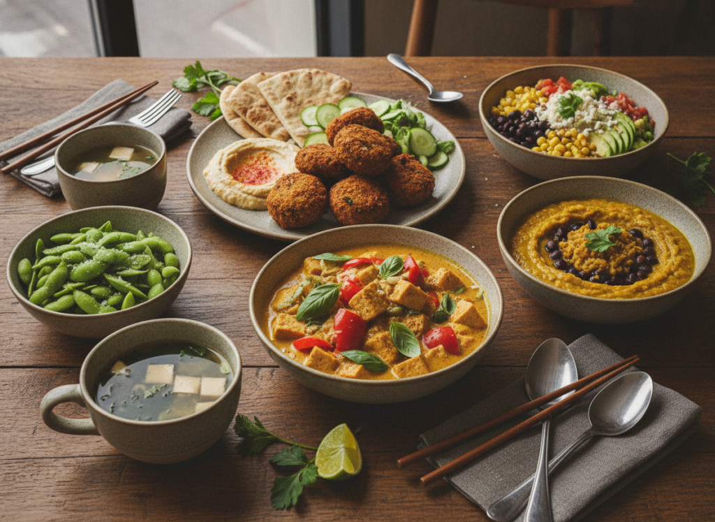 variety of international vegan high protein dishes variety of international vegan high protein dishes