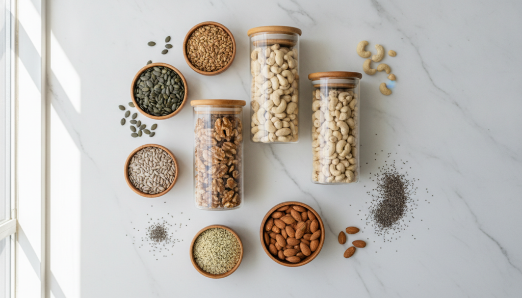 variety of nuts and seeds displayed in glass jars and wooden bowls on marble surface variety of nuts and seeds displayed in glass jars and wooden bowls on marble surface
