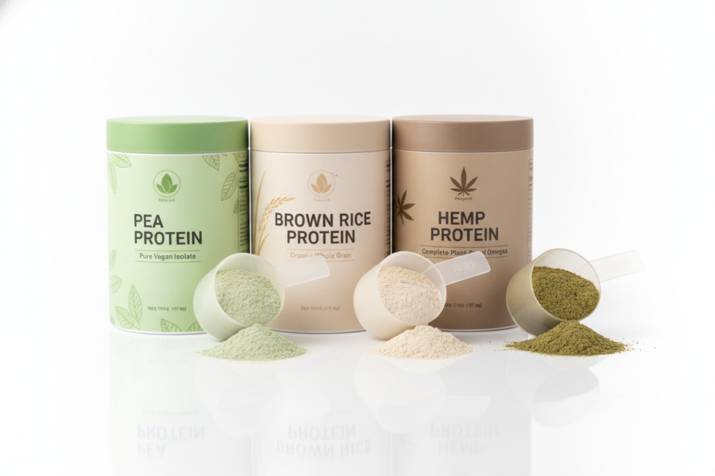 variety of plant-based protein powder containers and scoop with powder variety of plant-based protein powder containers and scoop with powder