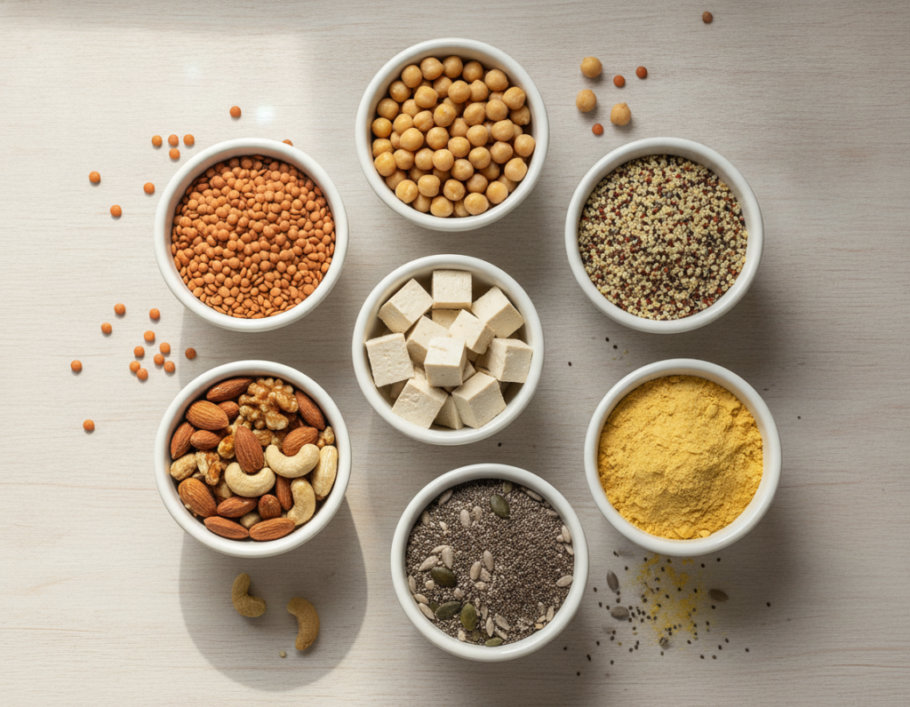 variety of plant-based protein sources displayed in small bowls