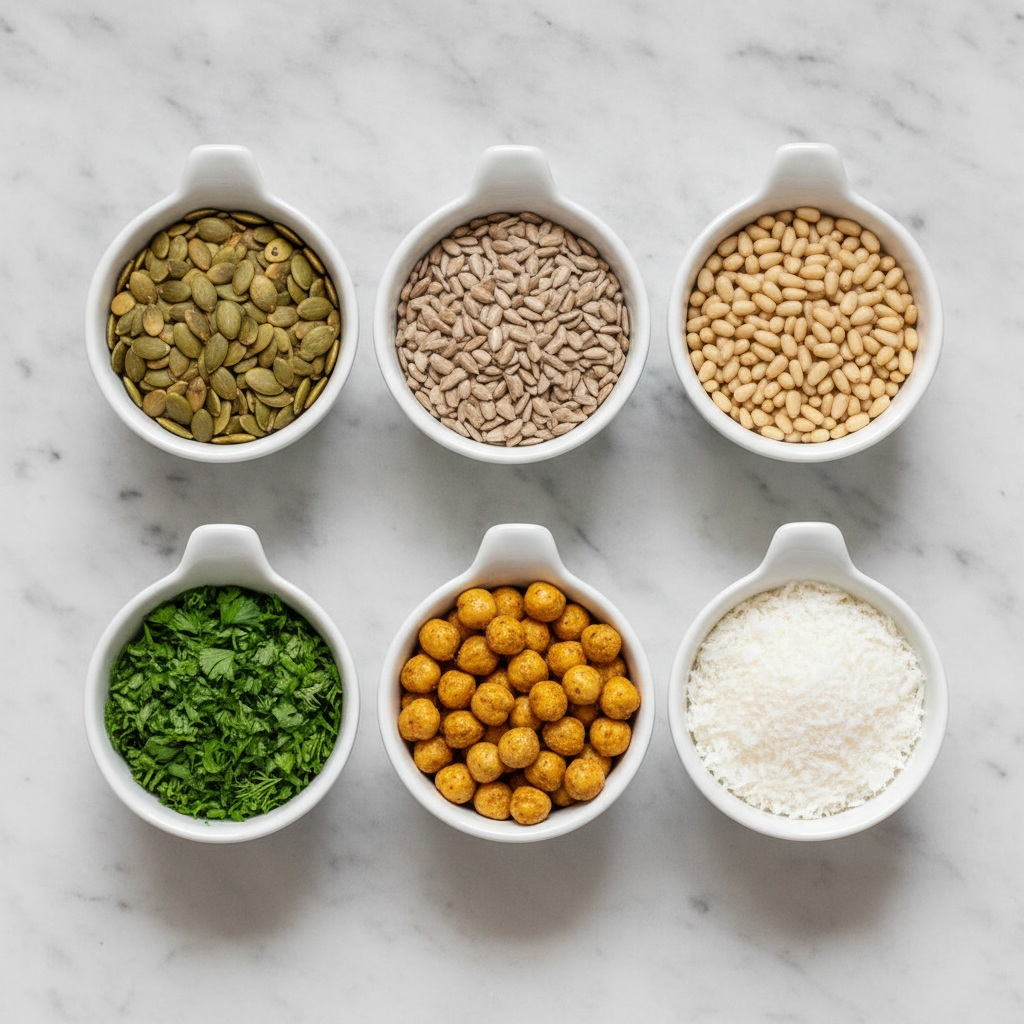 variety of soup garnishes including seeds nuts and herbs