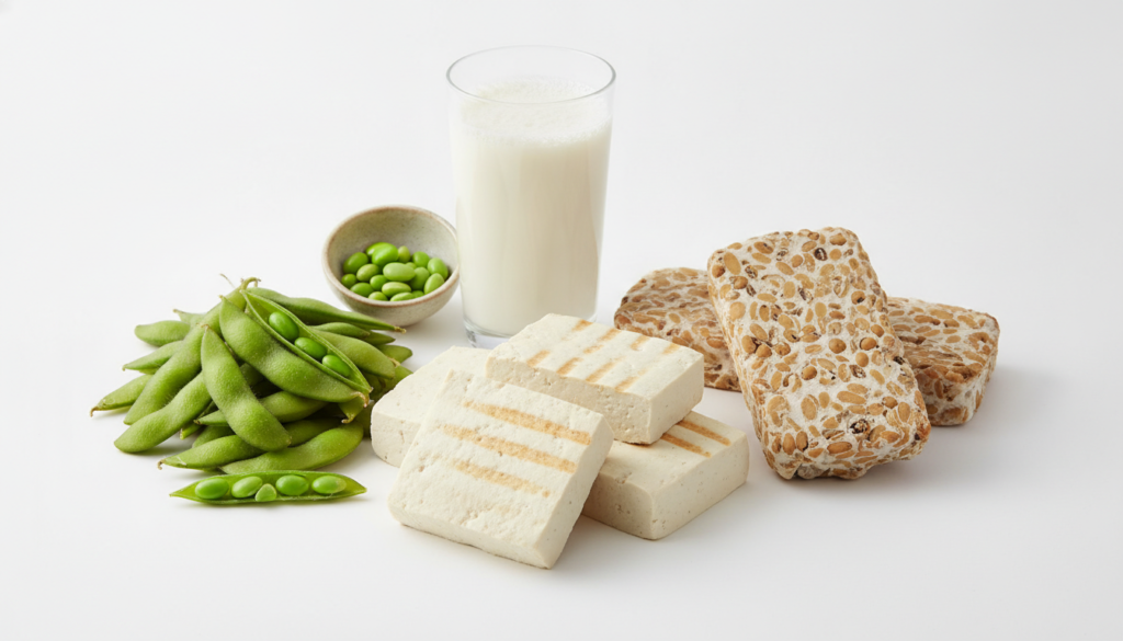 variety of soy products including tofu blocks, tempeh, edamame, and soy milk variety of soy products including tofu blocks, tempeh, edamame, and soy milk