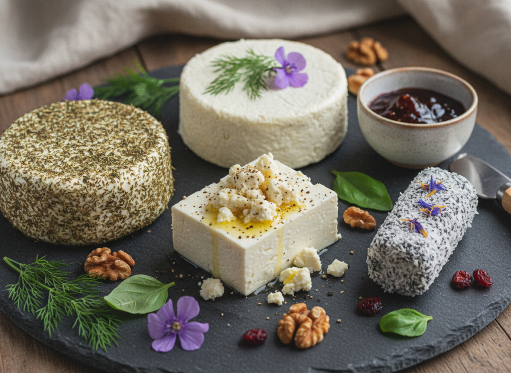 variety of vegan cheese options on charcuterie board variety of vegan cheese options on charcuterie board