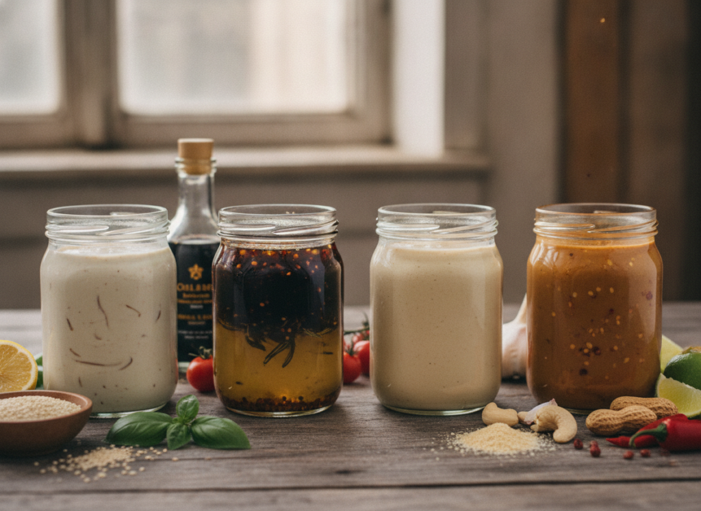 variety of vegan dressings in jars variety of vegan dressings in jars