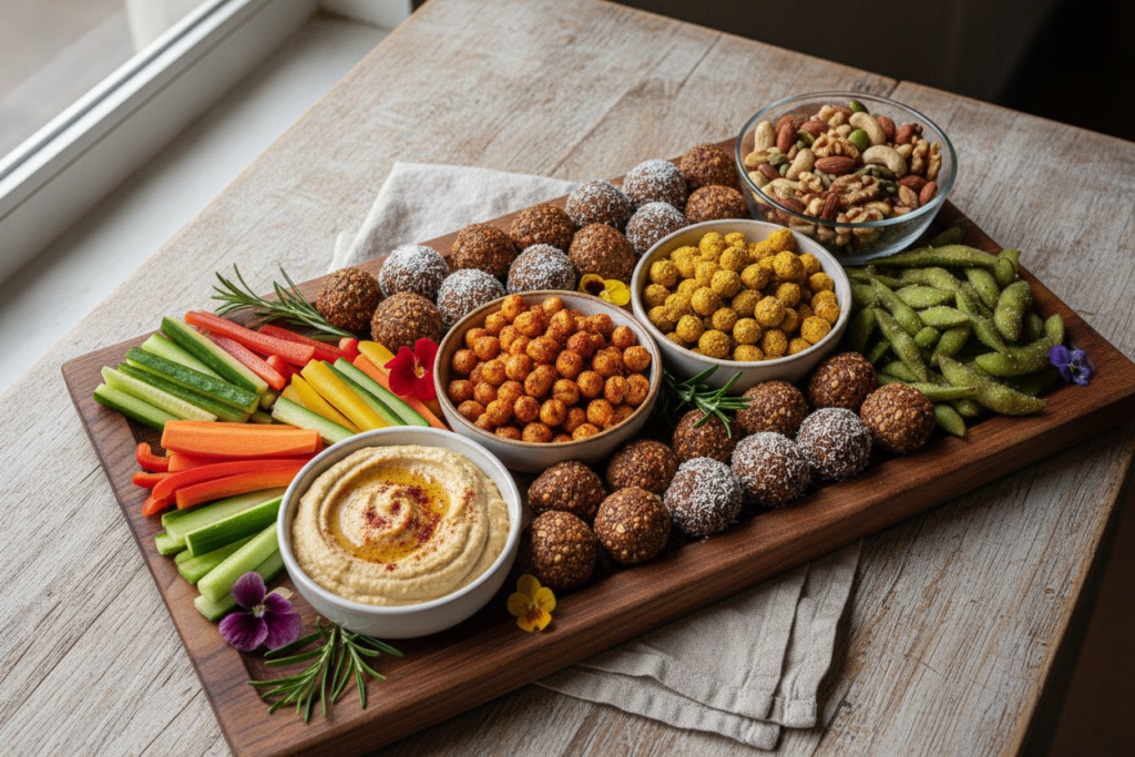 variety of vegan protein snacks on platter variety of vegan protein snacks on platter