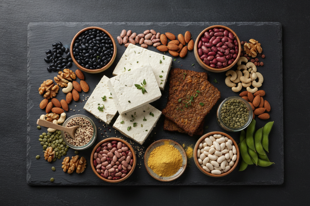 variety of vegan protein sources including tofu tempeh beans nuts displayed together