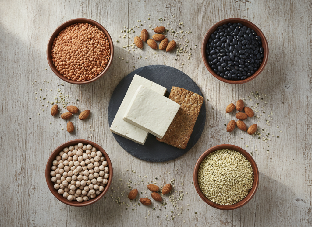 variety of vegan protein sources including tofu tempeh lentils and beans variety of vegan protein sources including tofu tempeh lentils and beans