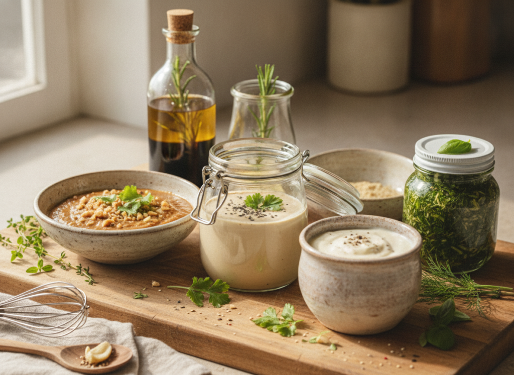 variety of vegan sauces and dressings in glass jars and small bowls