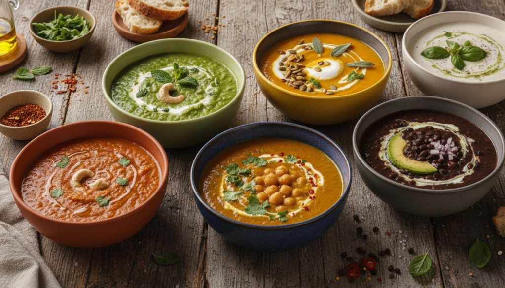 variety of vegan soups displayed together showing recipe diversity