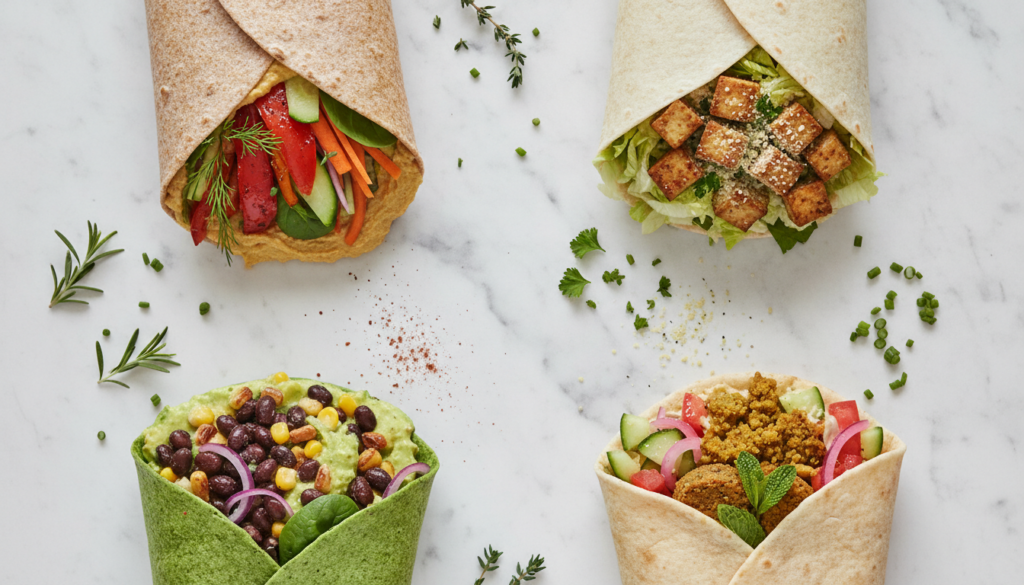 variety of vegan wraps displayed showing different fillings and colorful vegetables