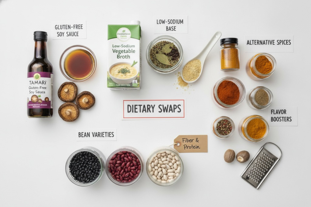 various dietary modification ingredients for vegan chili laid out
