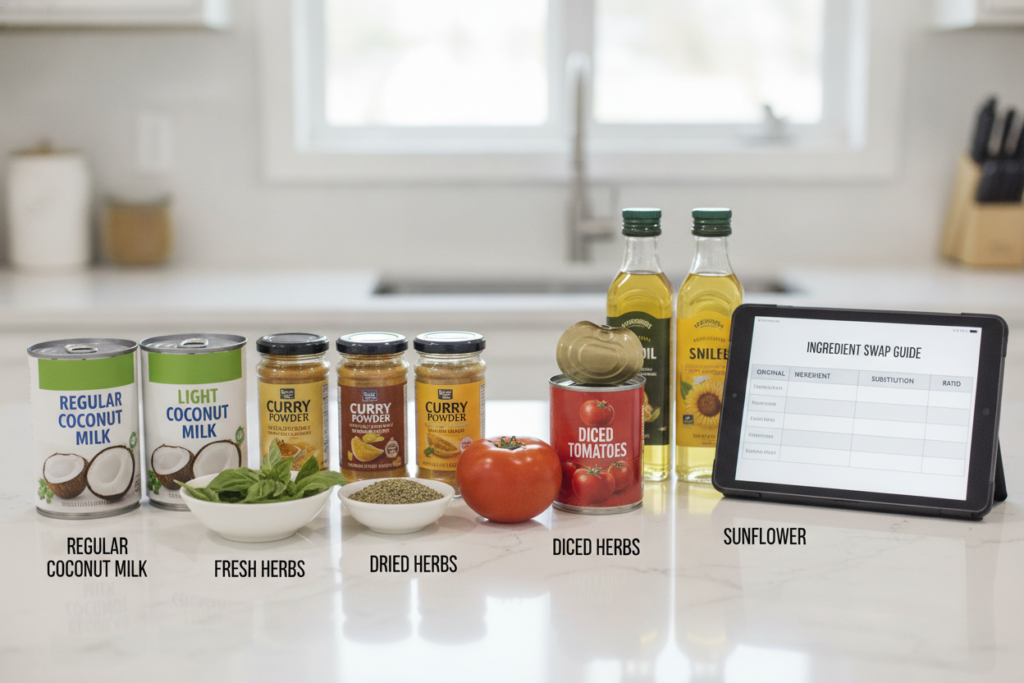 various ingredient substitution options for vegan curry laid out on a kitchen counter various ingredient substitution options for vegan curry laid out on a kitchen counter
