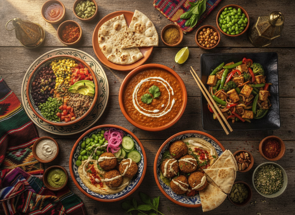 various international vegan dishes arranged on a table