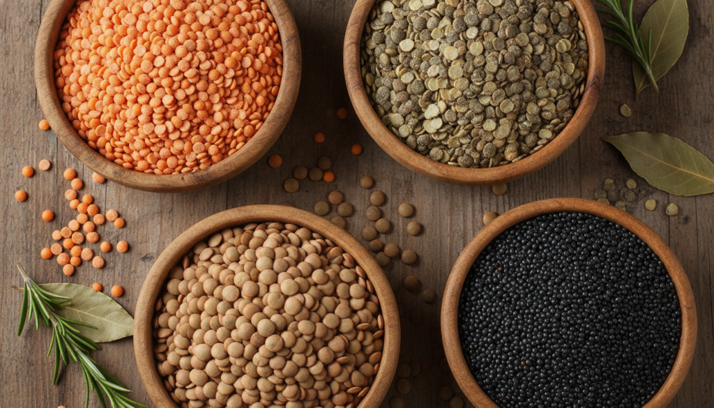 various types of colorful lentils in wooden bowls showing red, green, brown, and black varieties various types of colorful lentils in wooden bowls showing red, green, brown, and black varieties